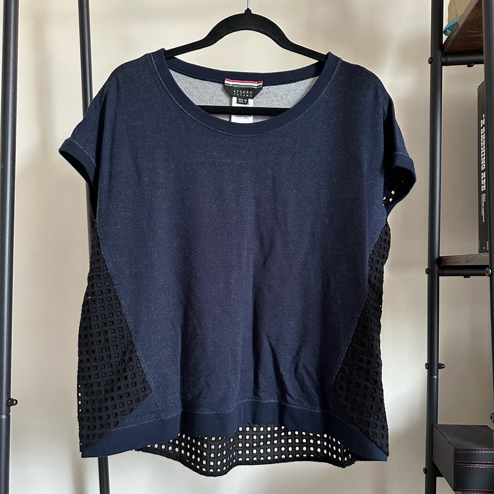 Atsuro Tayama Navy Short Sleeve Top with Mesh Details
